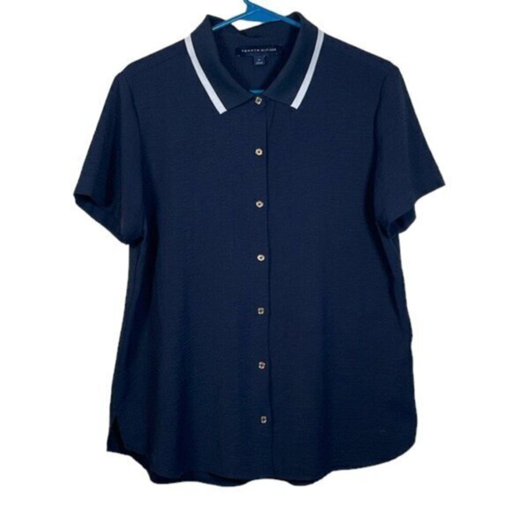 Tommy Hilfiger Navy Blue Collar Button Down Blouse Size Medium EUC #2892
